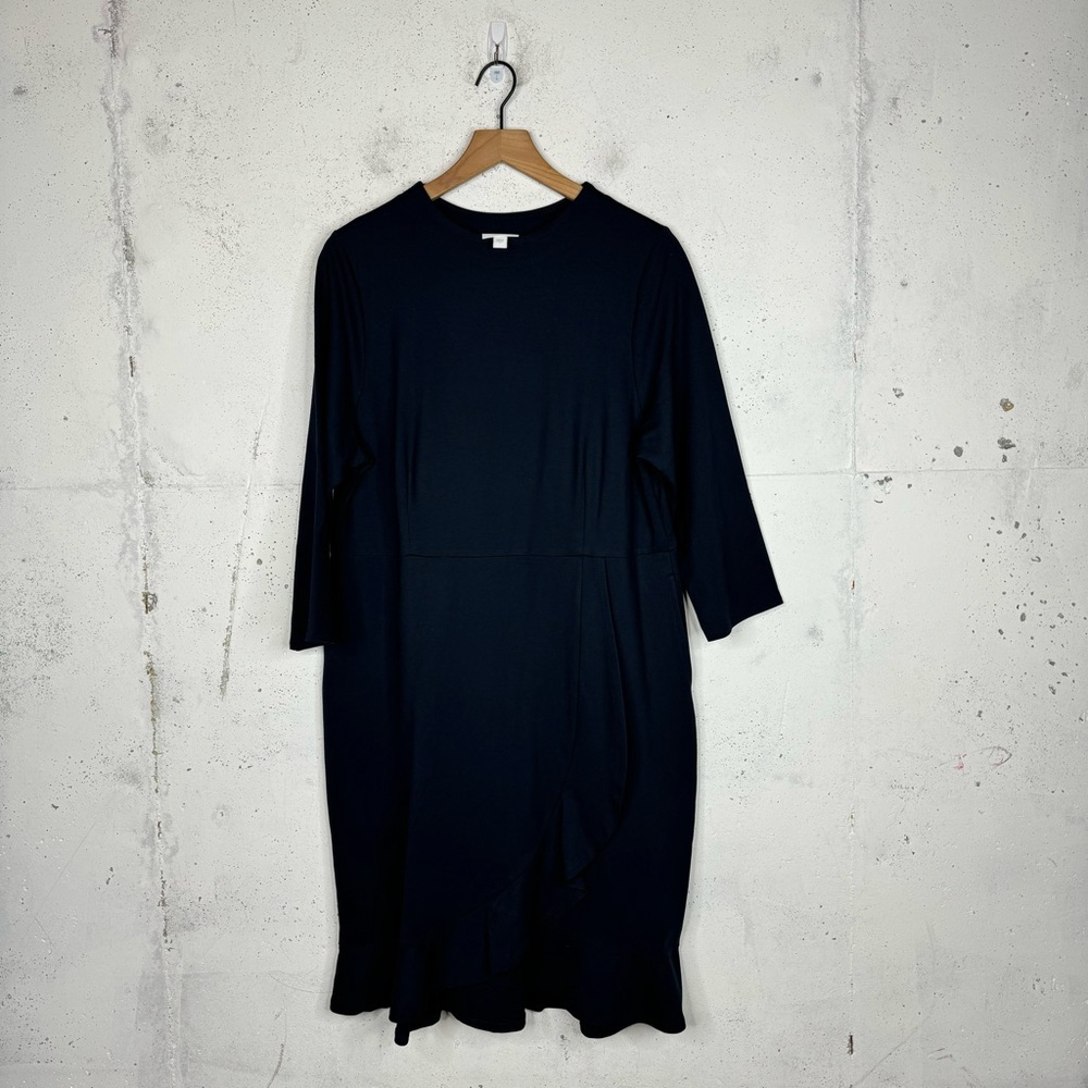 J.Jill 3/4 Sleeves Front Ruffle Ponte Knit Dress Blue Large